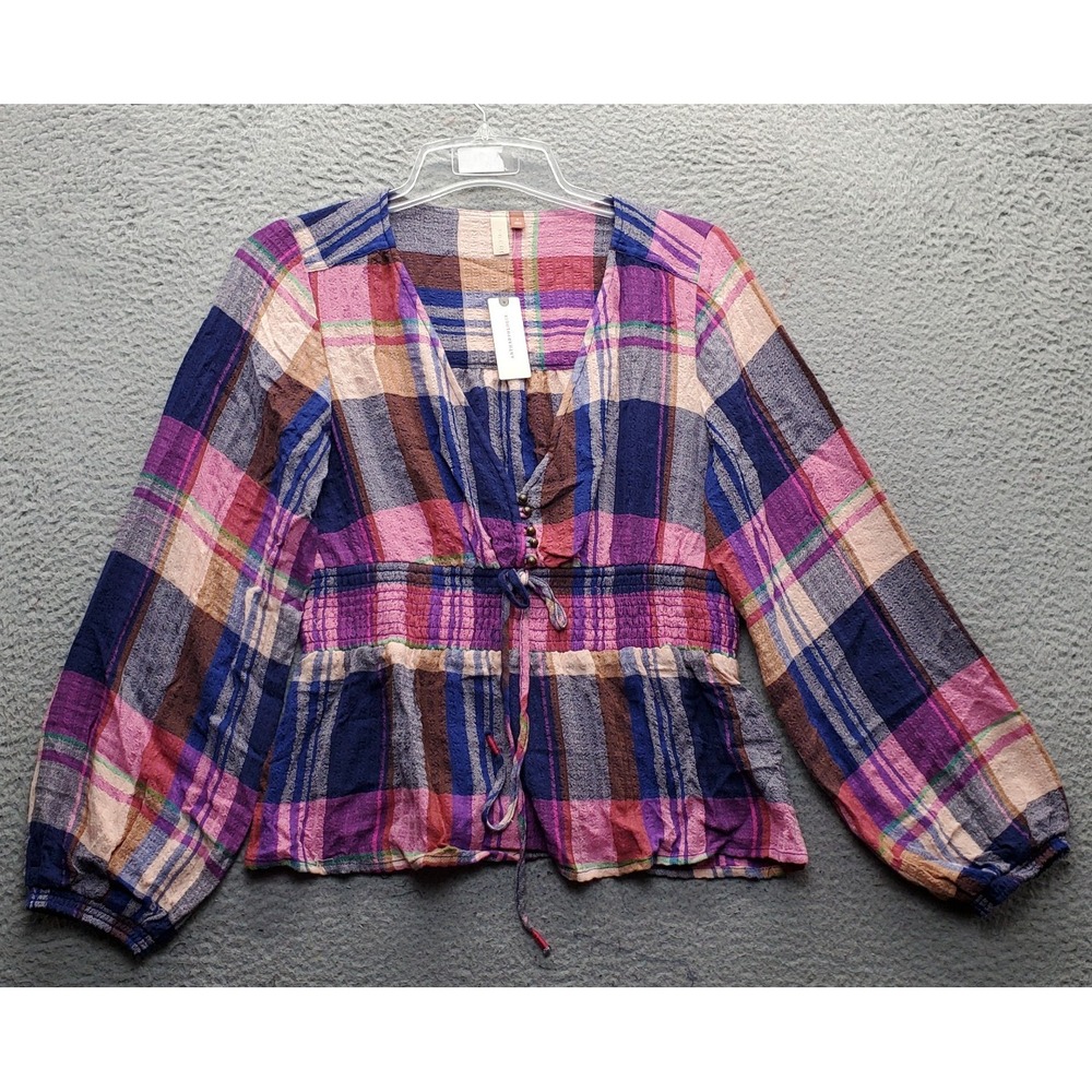 Anthropologie Pilcro Blouse Top Womens Medium Multi Plaid Deep V-Neck Smocked
